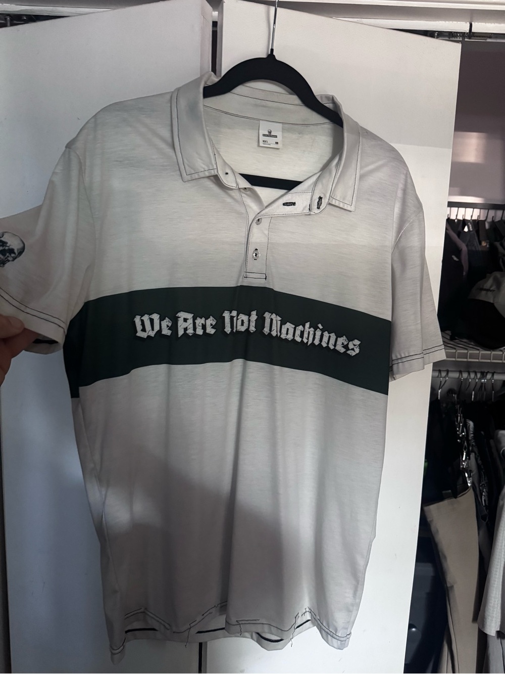 Men's Polo Shirt with 'We Are Not Machines' Stripe - Light Gray